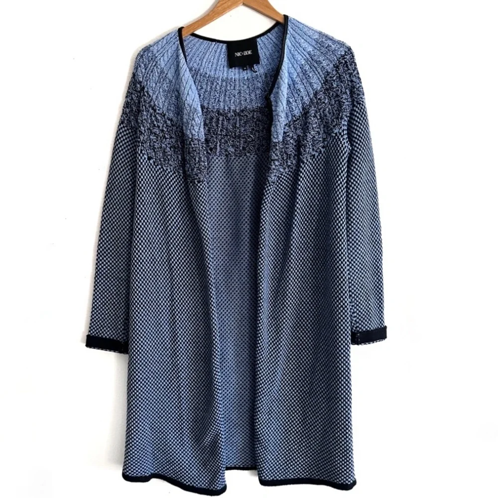 Nic + Zoe Long Open Front BlueBlack Cardigan